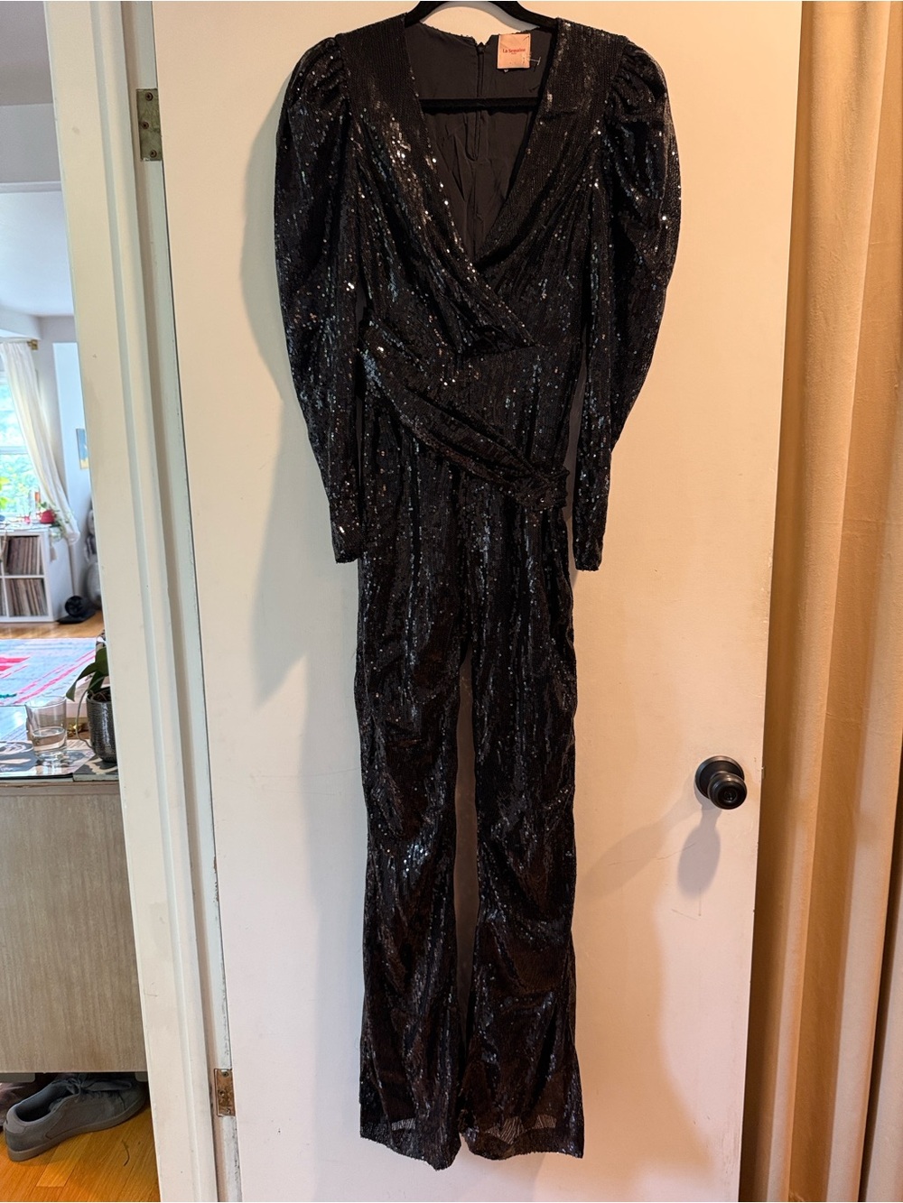 Black Sequin Wrap Jumpsuit with Puff Shoulders